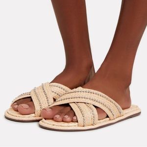 Schutz Carlotta Woven Straw Rhinestone Espadrille Slides Sandal Nude Sz 8.5 NWT